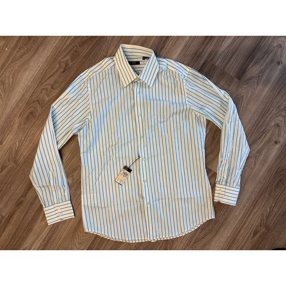 Hugo Boss Enzo Mens Dress Shirt White Turquoise Striped 16.5 42 NWT